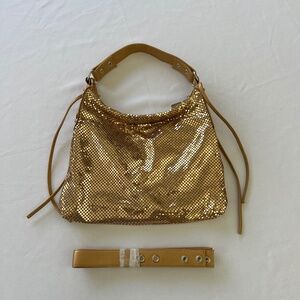 Gold Metal Mesh Tan Leather Shoulder & Crossbody Bag  NWOT